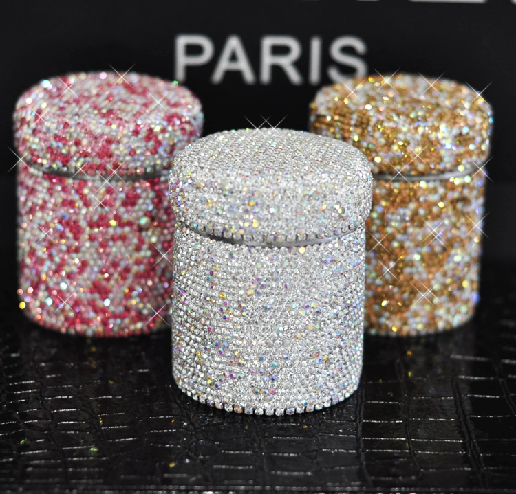 Ea010 Sparkling Diamond Crystal Toothpick Holder Household Restaurant Round Stainless Steel Cotton Swab Storage Box